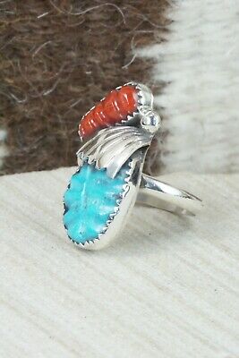 Turquoise, Coral & Sterling Silver Ring - Lyolita Tsattie - Size 6.25