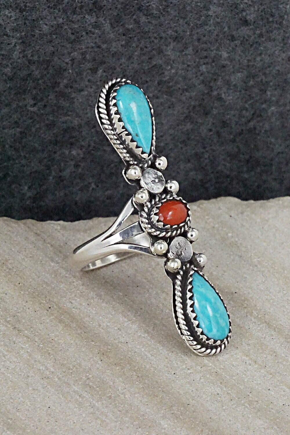 Turquoise, Coral & Sterling Silver Ring - Andrew Vandever - Size 6.5