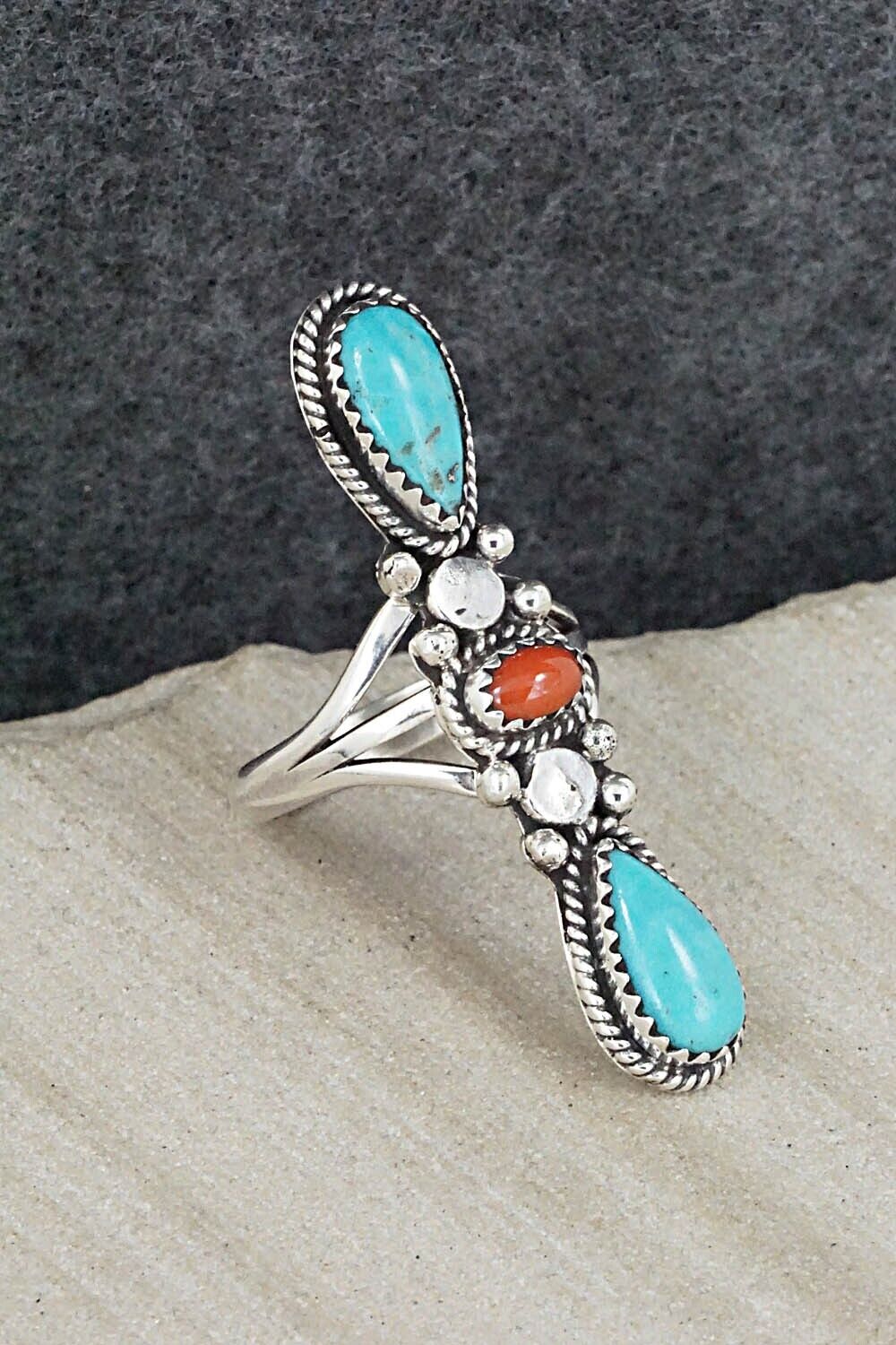 Turquoise, Coral & Sterling Silver Ring - Andrew Vandever - Size 7