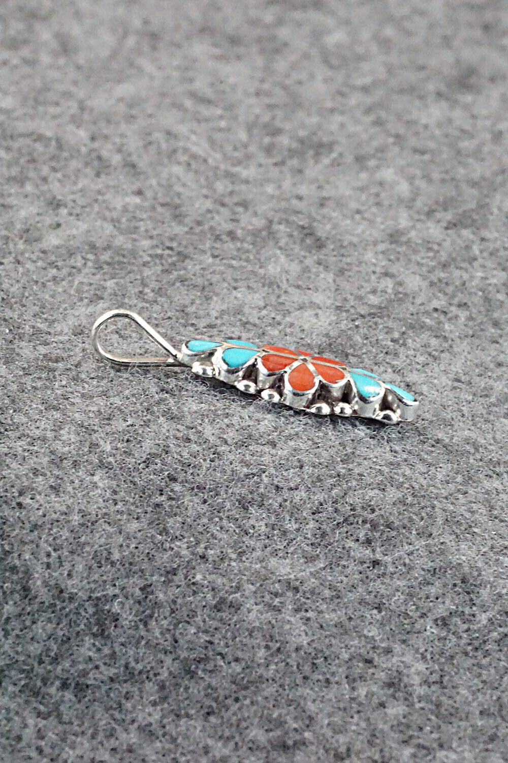 Turquoise, Coral & Sterling Silver Inlay Pendant - Bernadette Hattie
