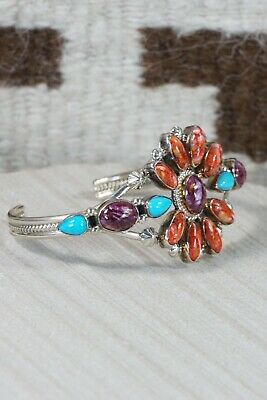Navajo Turquoise, Spiny Oyster & Sterling Silver Flower Bracelet - Bobby Platero