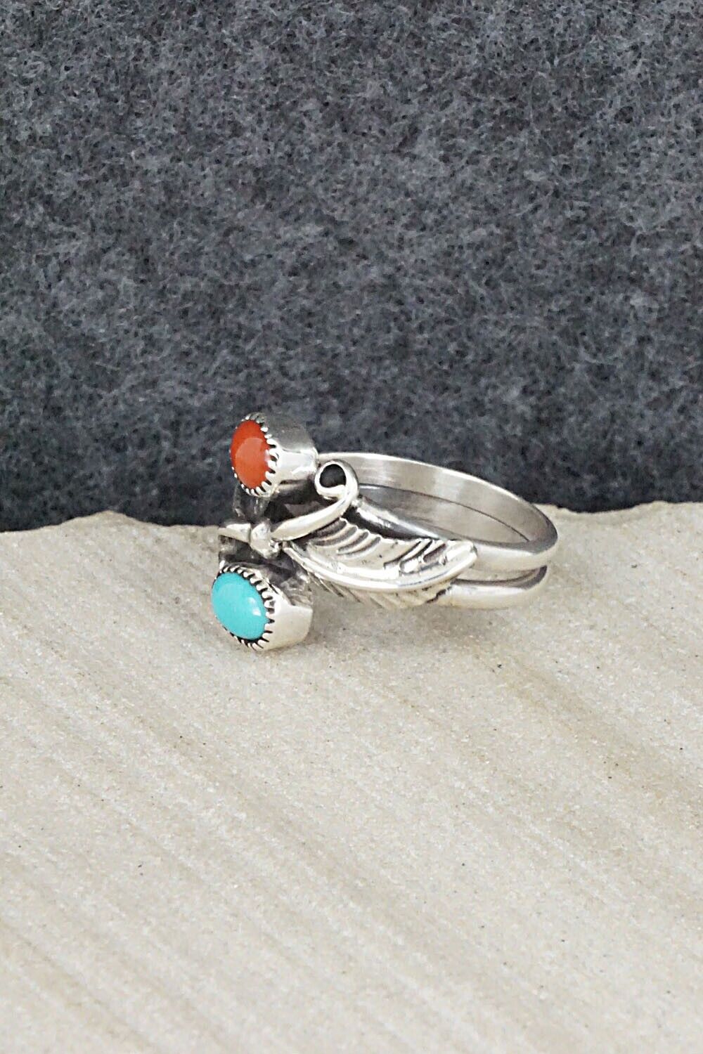 Turquoise, Coral & Sterling Silver Ring - Harry Yazzie - Size 6.5