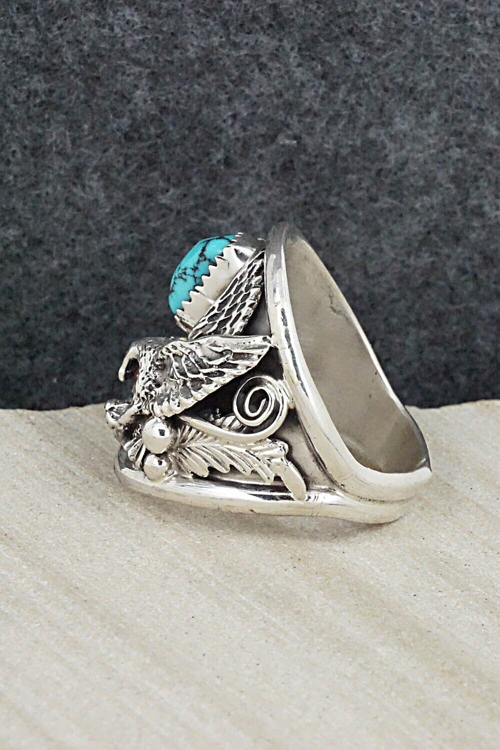 Turquoise, Coral & Sterling Silver Ring - Jeannette Saunders - Size 12