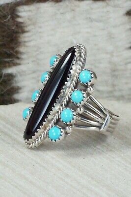 Onyx & Turquoise Ring - Navajo - Size 8.75
