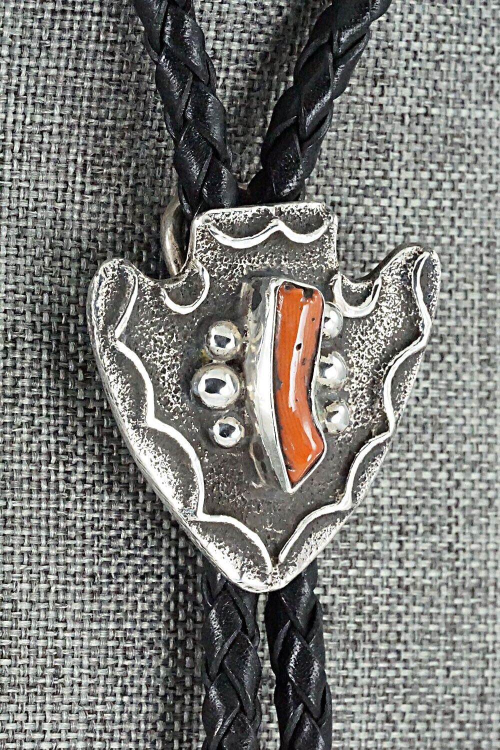 Coral & Sterling Silver Bolo Tie - Delbert Arviso