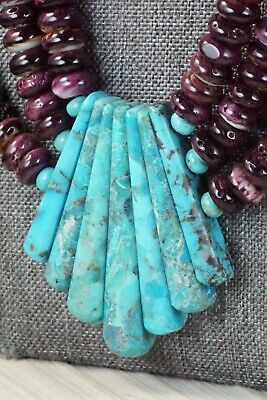 Turquoise, Spiny Oyster & Sterling Silver Necklace - Lupe Lovato