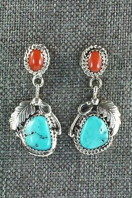 Turquoise, Coral & Sterling Silver Earrings - Roberta Begay
