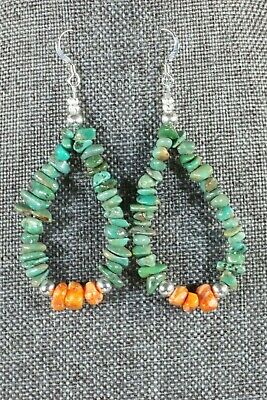 Navajo Turquoise and Spiny Oyster Hoop Earrings - Native American - High Lonesome Trading