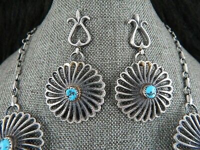 Turquoise & Sterling Silver Necklace and Earrings Navajo Eva and Linberg Billah - High Lonesome Trading