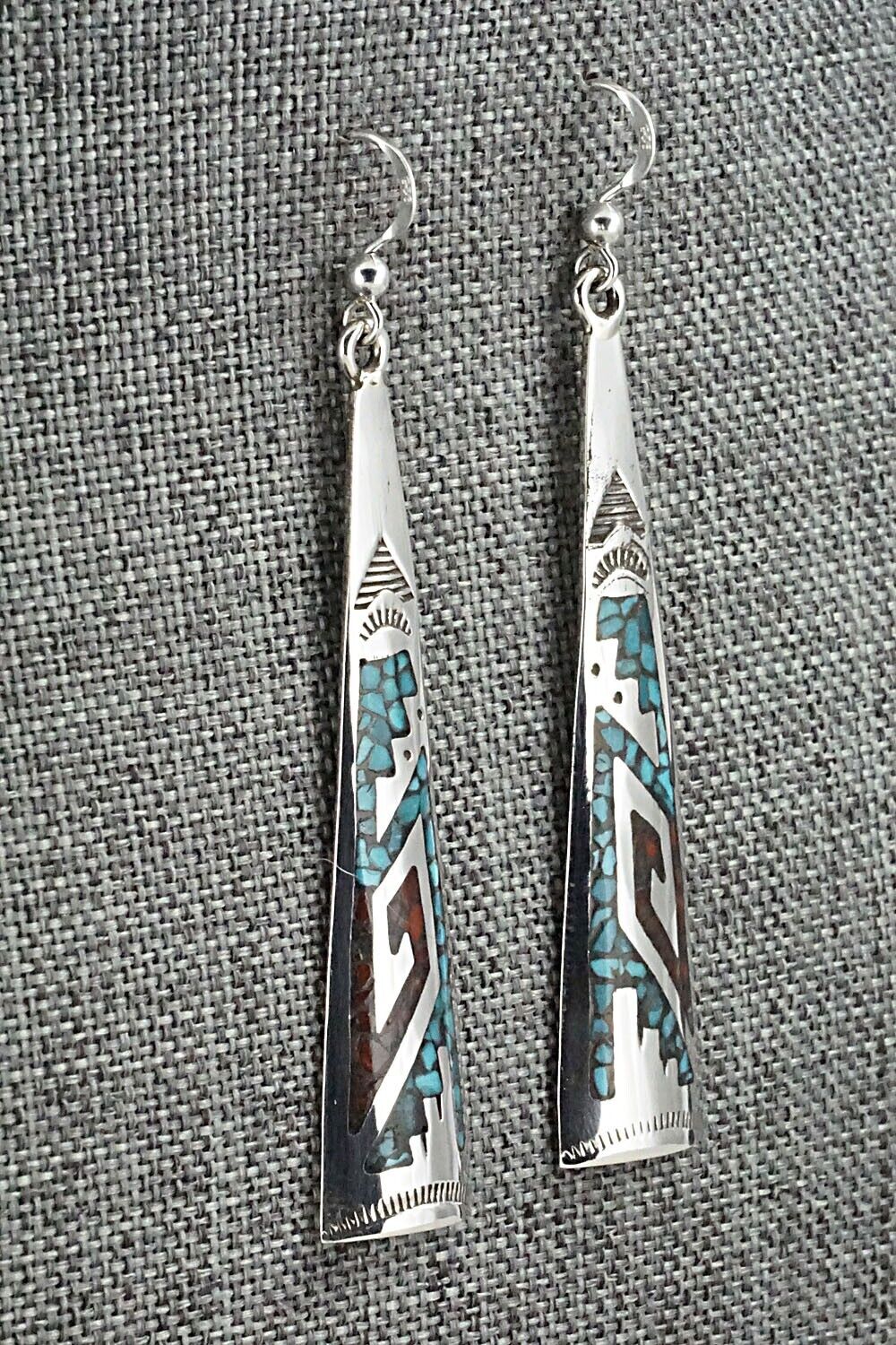 Turquoise, Coral & Sterling Silver Earrings - Jolene Yazzie