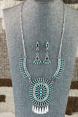Zuni Turquoise & Sterling Silver Necklace and Earrings Set - Evonne Hustito