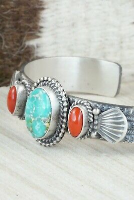 Turquoise, Coral & Sterling Silver Bracelet - Michael Calladitto