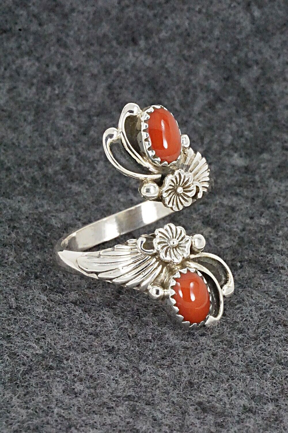 Coral and Sterling Silver Ring - Etta Belin - Size 9.5