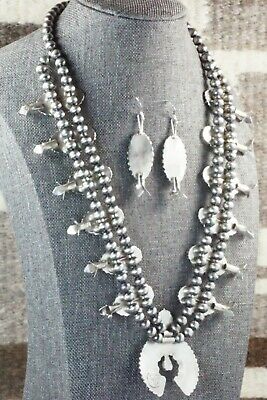 Turquoise & Sterling Silver Squash Blossom and Earrings - Lorena Peina