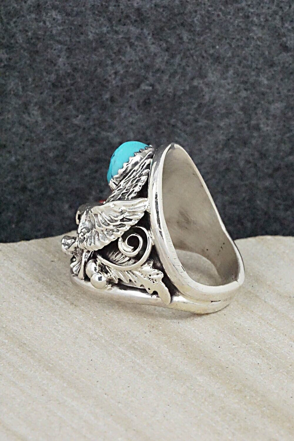 Turquoise, Coral & Sterling Silver Ring - Jeannette Saunders - Size 10.5