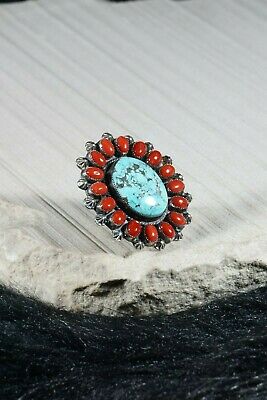 Navajo Turquoise, Coral and Silver Ring - Annie Chapo - Size 10.5 - High Lonesome Trading