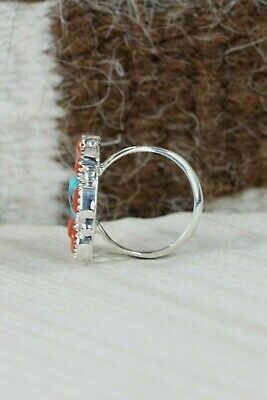 Navajo Turquoise, Coral & Sterling Silver Ring - Roberta Begay - Size 6.5