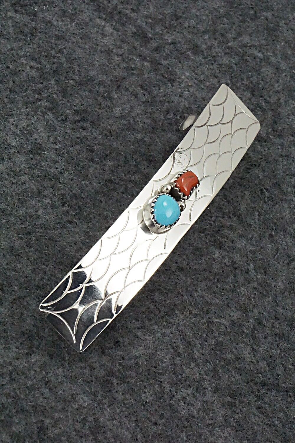 Turquoise, Coral & Sterling Silver Hair Barrette - Sally Arviso