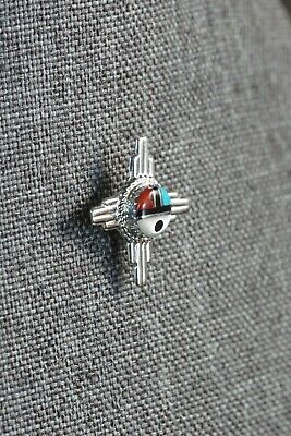 Zuni Turquoise, Coral and Sterling Silver Sun Face Tie Tack - Elvira Kiyite - High Lonesome Trading