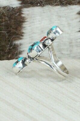Turquoise & Coral Sterling Silver Ring - Betty House - Size 8.25