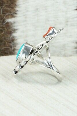 Turquoise, Coral & Sterling Silver Ring - Harry Yazzie - Size 6