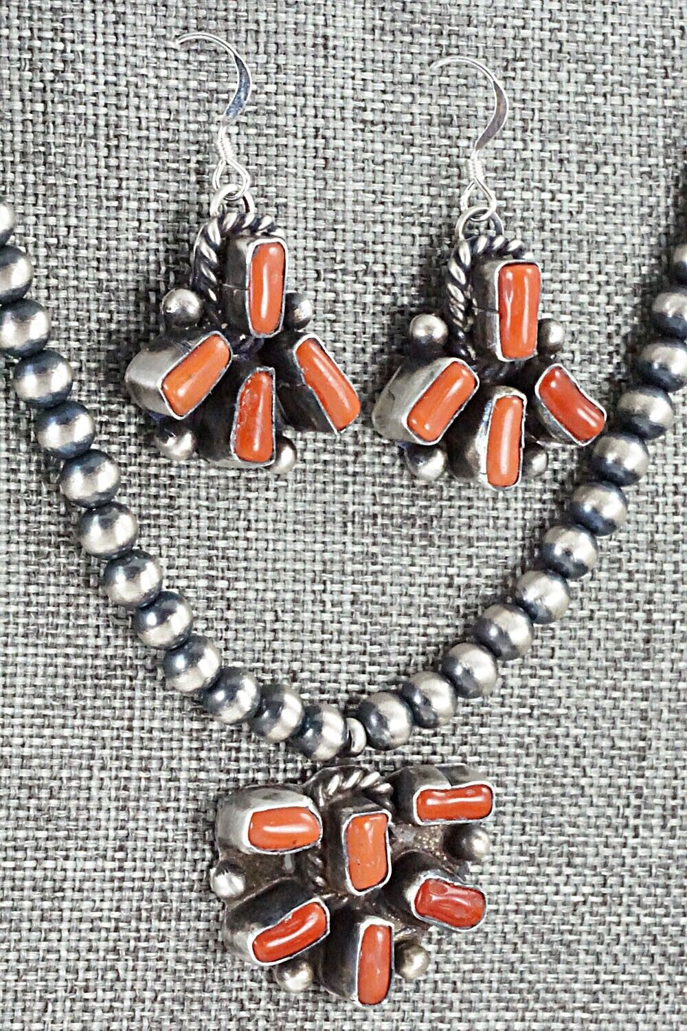 Coral & Sterling Silver Necklace and Earrings Set - Wilson Dawes