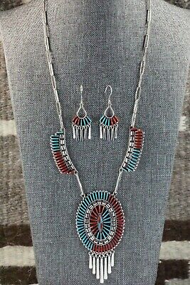 Zuni Turquoise, Coral & Sterling Silver Necklace & Earrings - Edmund Cooeyate
