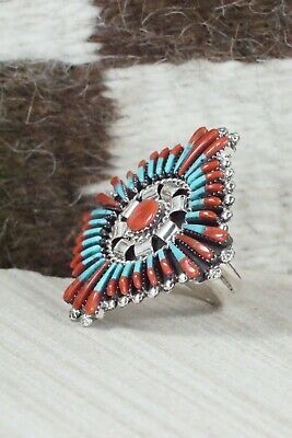 Turquoise, Coral & Sterling Silver Ring - Edmund Cooeyate - Size 6