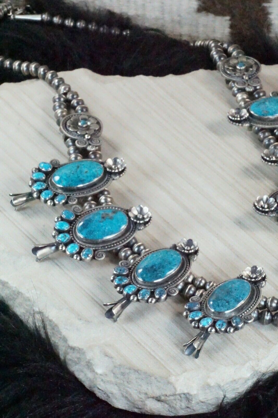 Turquoise & Sterling Silver Squash Blossom & Earrings - Myron Etsitty