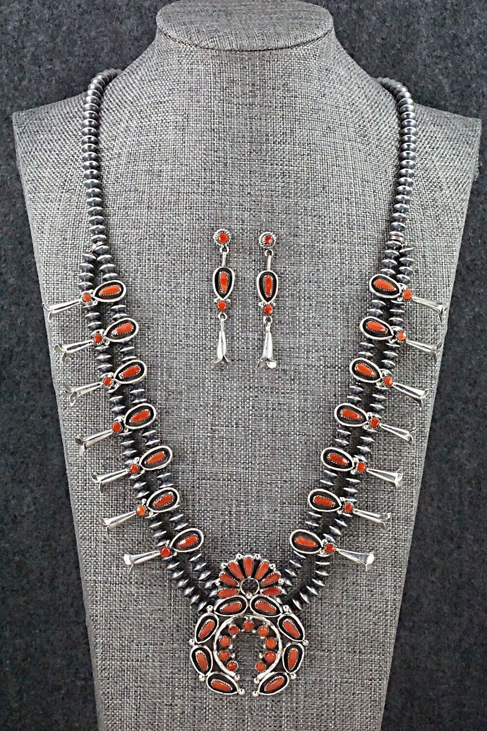 Coral & Sterling Silver Squash Blossom and Earrings - Vie Bobelu