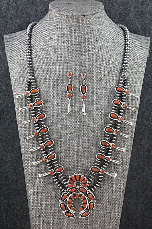 Coral & Sterling Silver Squash Blossom and Earrings - Vie Bobelu