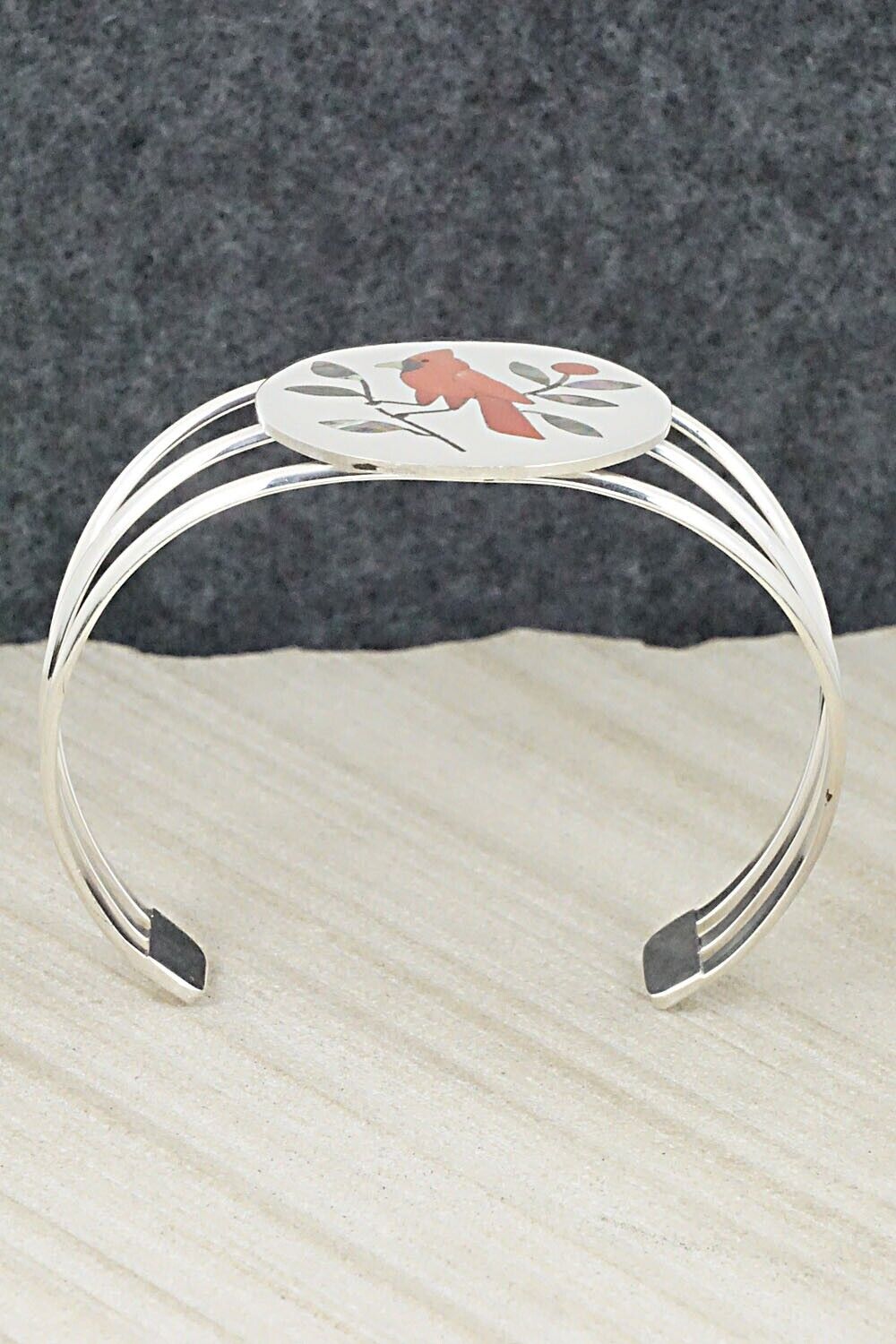Coral, Abalone Shell & Sterling Silver Bracelet - Derrick Edaakie