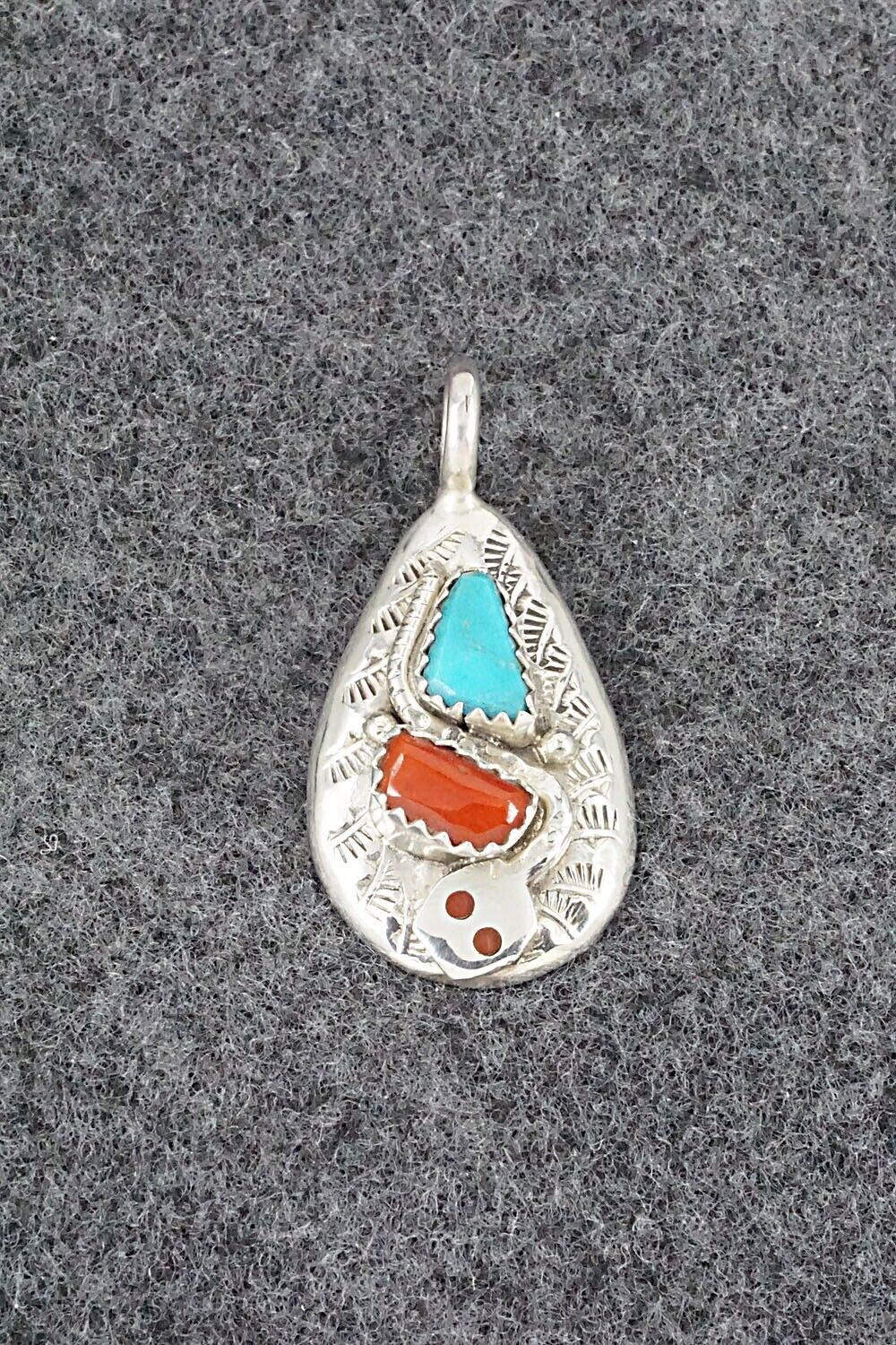 Turquoise, Coral and Sterling Silver Pendant - Joy Calavaza