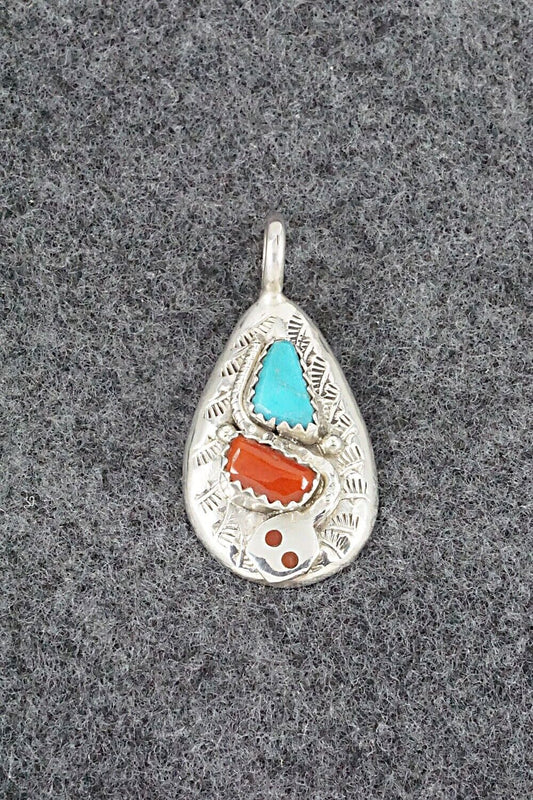 Turquoise, Coral and Sterling Silver Pendant - Joy Calavaza