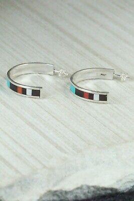 Multi Stone Inlay & Sterling Silver Hoop Earrings - Robin Chavez - High Lonesome Trading