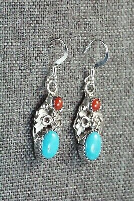 Turquoise, Coral and Sterling Silver Earrings - Roberta Begay