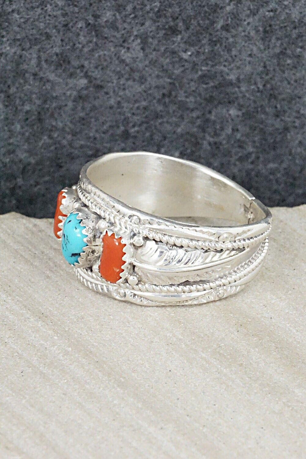 Turquoise, Coral and Sterling Silver Ring - Betty Begay - Size 15.5