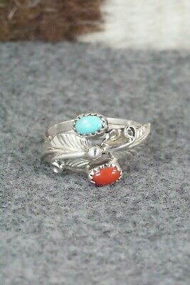 Coral, Turquoise & Sterling Silver Ring - Harry B Yazzie - Size 8.5