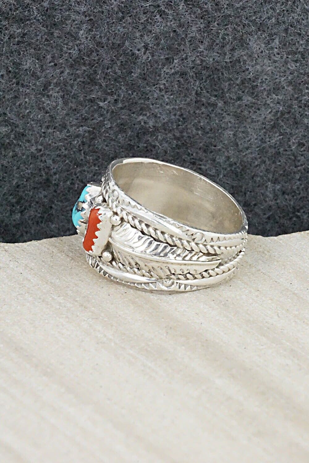 Turquoise, Coral and Sterling Silver Ring - Betty Begay - Size 9.5