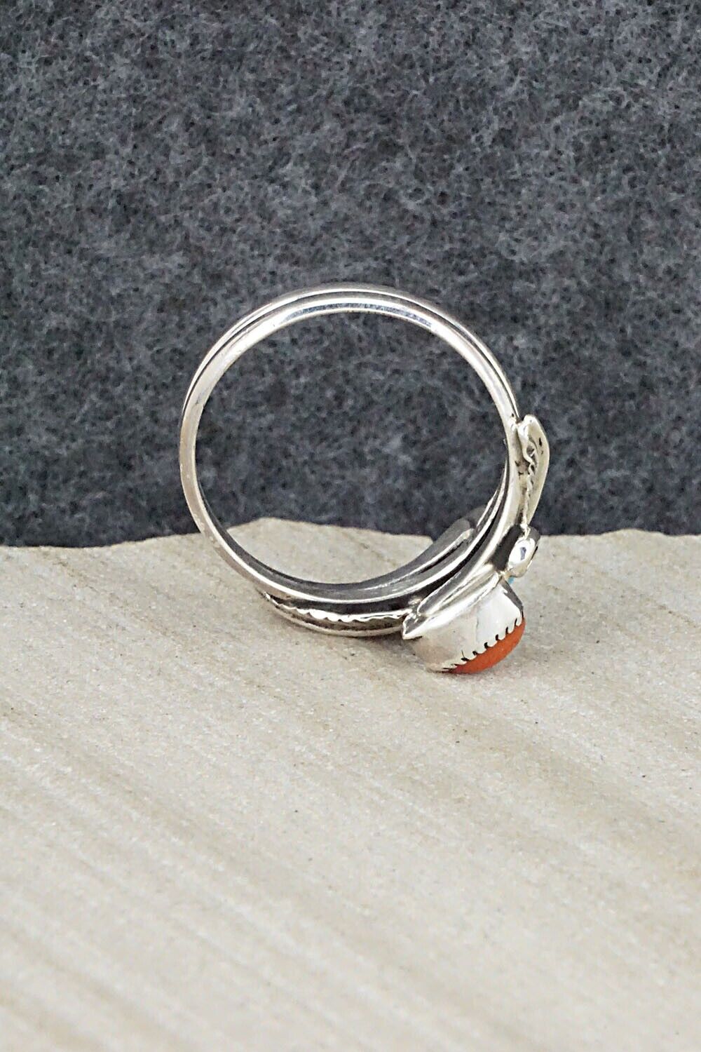 Turquoise, Coral & Sterling Silver Ring - Harry Yazzie - Size 8.25