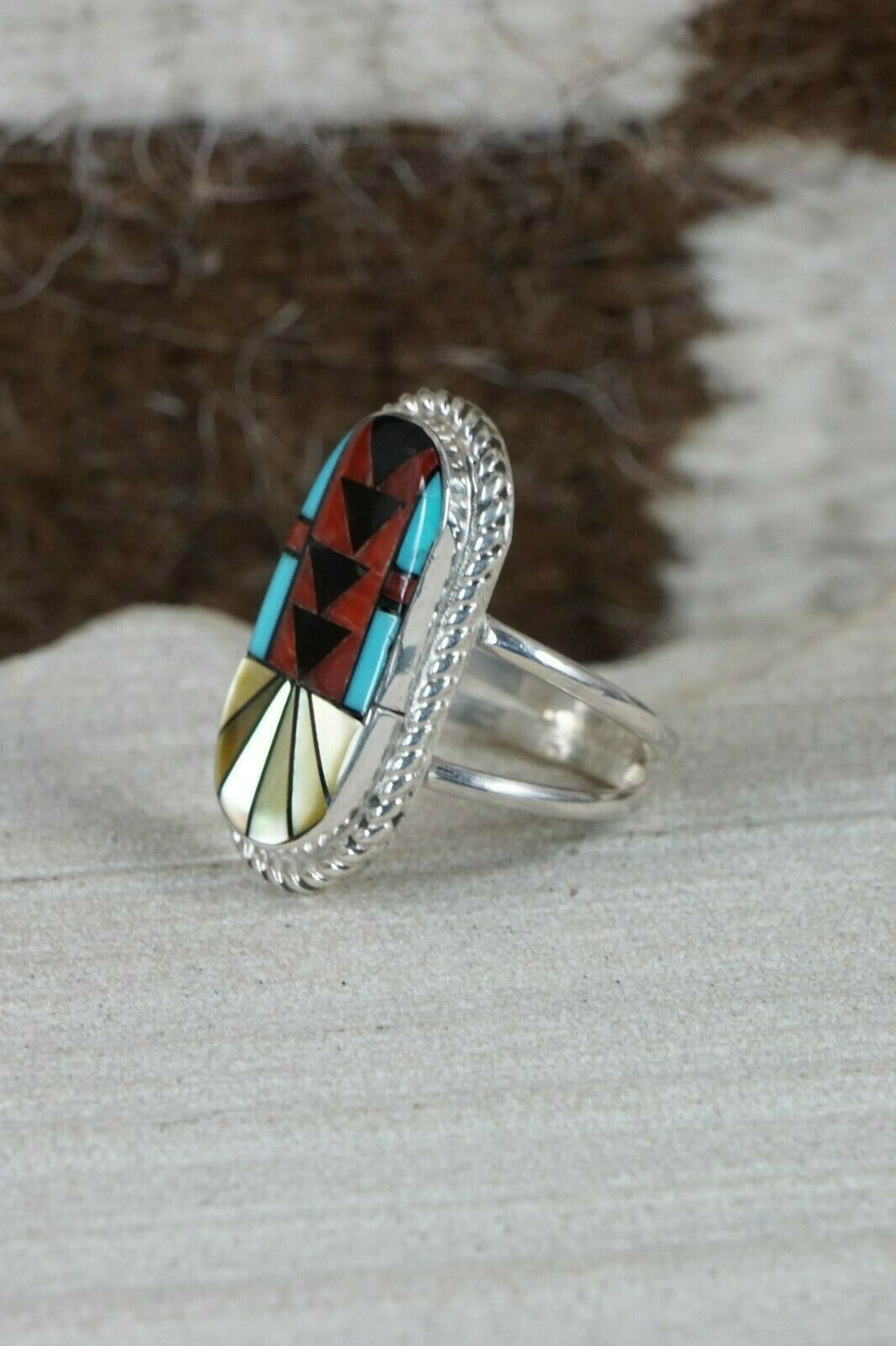 Zuni Inlay Multi- Stone and Sterling Silver Ring - Ola Eriacho - Size 6.25 - High Lonesome Trading