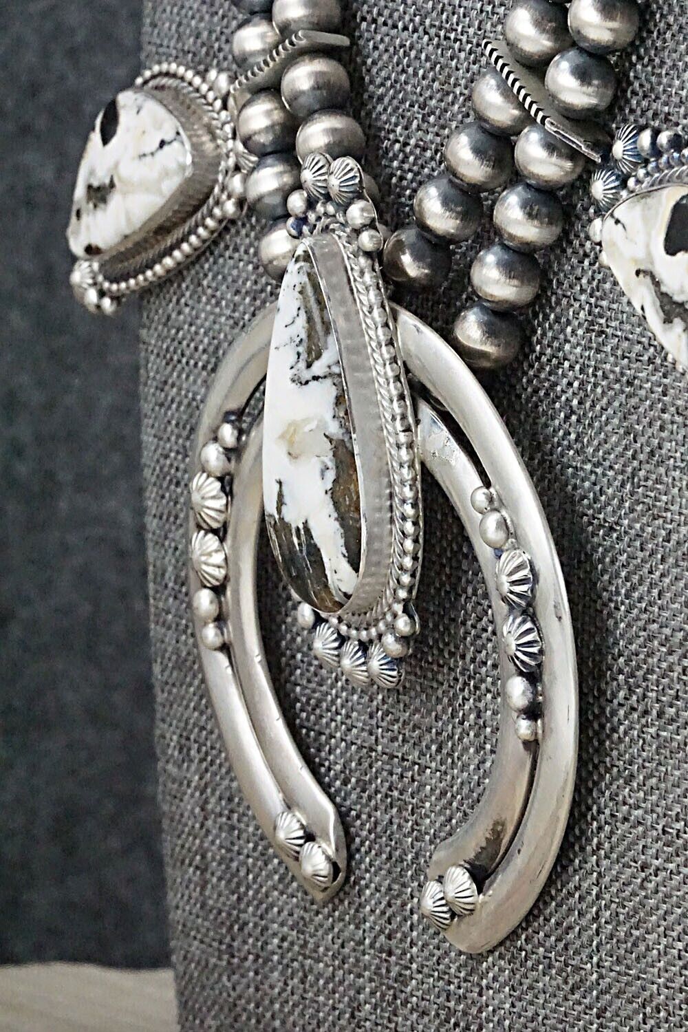 White Buffalo & Sterling Silver Squash Blossom Set - Tom Lewis