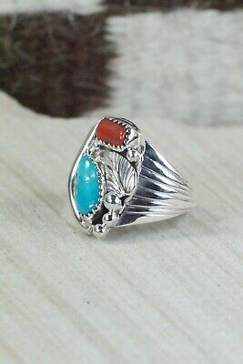 Navajo Turquoise, Coral & Sterling Silver Ring - Jeanette Saunders - Size 9.5