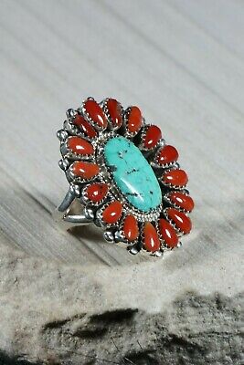 Navajo Turquoise Coral and Sterling Silver Ring Eric and Justina Wilson - Size 7 - High Lonesome Trading