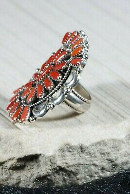 Navajo Coral and Sterling Silver Ring - Justina Wilson - Size 8 - High Lonesome Trading