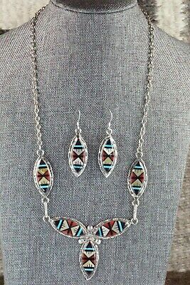 Turquoise, Coral & Sterling Silver Necklace and Earrings Set - Gladys Lamy