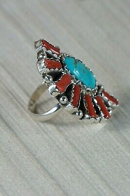 Navajo Turquoise, Coral and Sterling Silver Ring - Spencer - 6 - High Lonesome Trading