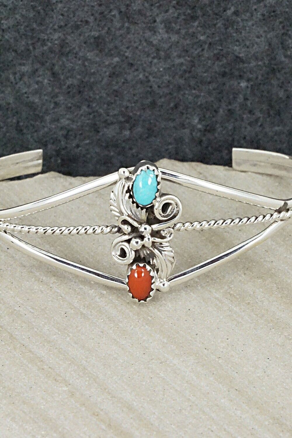 Turquoise, Coral & Sterling Silver Bracelet - William Begay