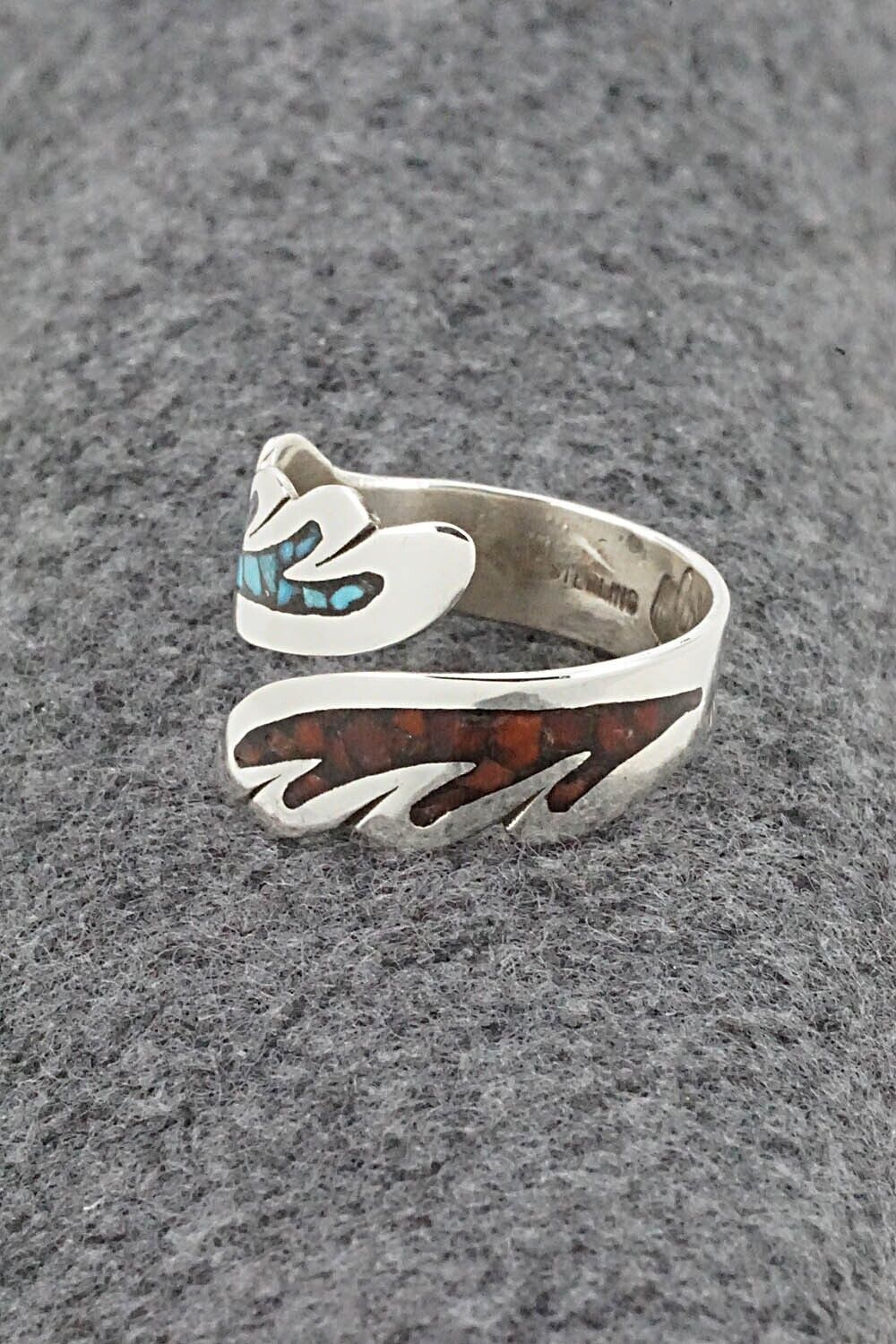 Turquoise, Coral & Sterling Silver Ring - Jolene Yazzie - Size 9.75