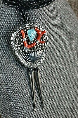 Navajo Turquoise, Coral & Sterling Silver Bolo Tie - Mary Spencer - High Lonesome Trading